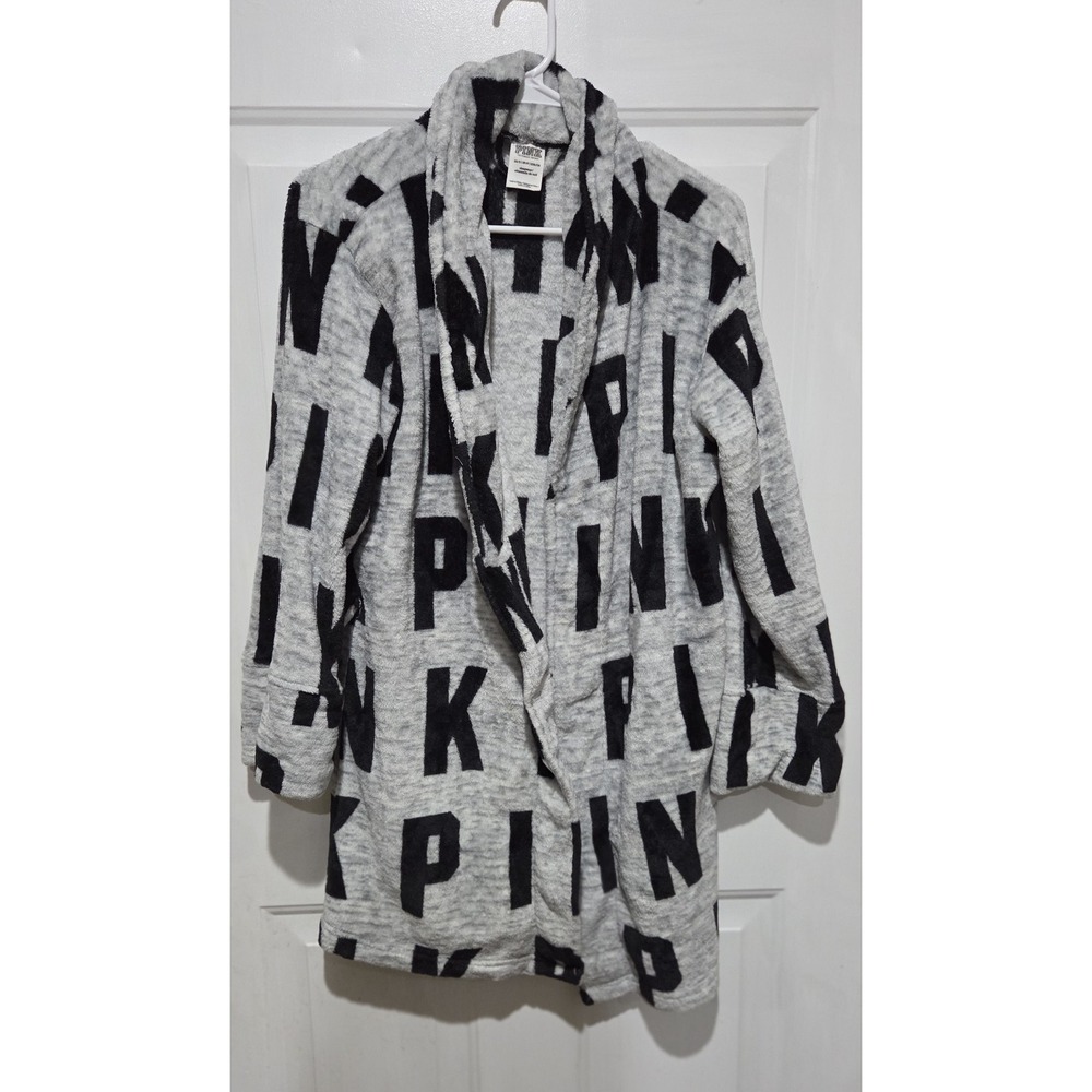 PINK Victoria's Secret Plush Robe Sleepwear Gray & Black Logo Women XS-no Belt